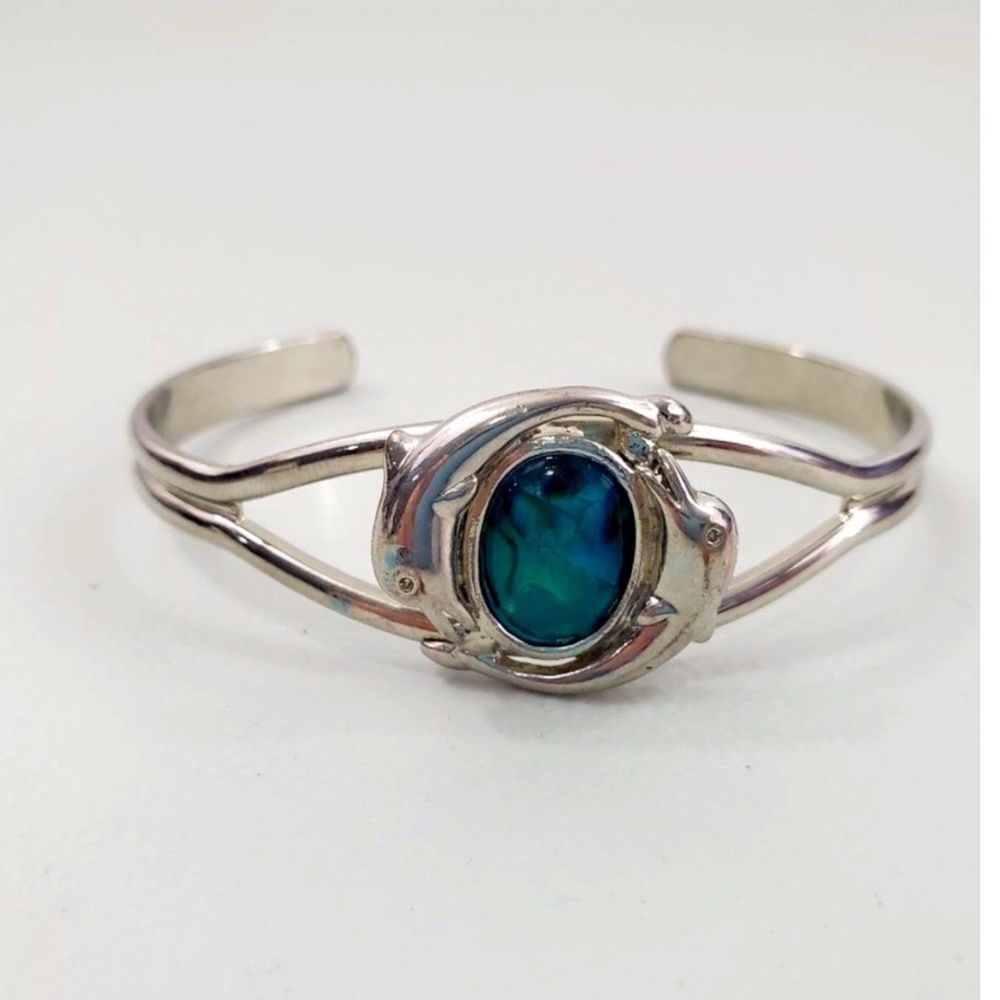 Collectible Beach Jewelry Silver & Brass Dolphin Cuff Bracelet & Abalone Shell